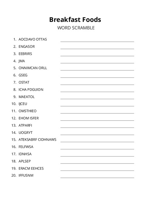 Breakfast Foods Word Scramble Puzzle