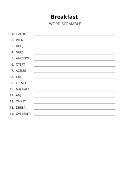 Breakfast Word Scramble Puzzle