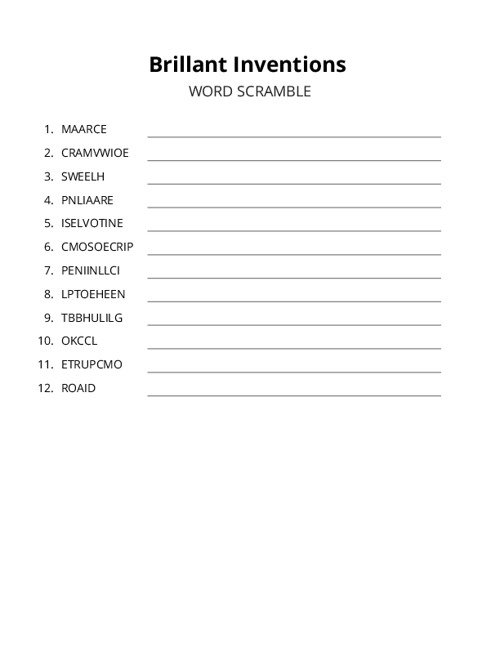Brillant Inventions Word Scramble Puzzle
