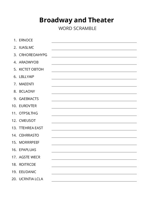 Broadway and Theater Word Scramble Puzzle