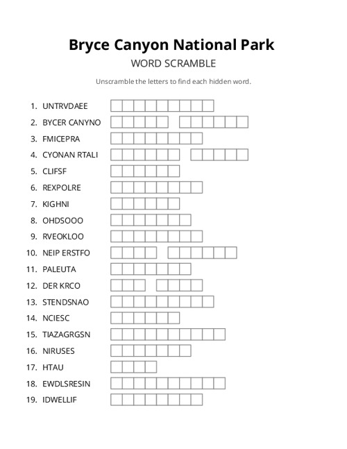 Bryce Canyon National Park Word Scramble Puzzle