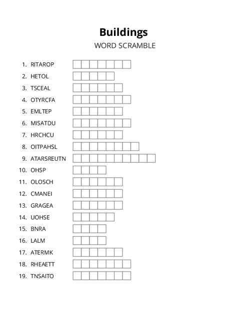Buildings Word Scramble Puzzle