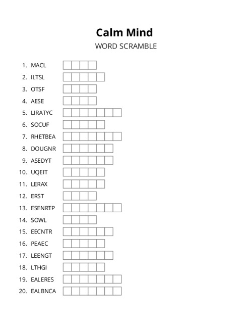 Calm Mind Word Scramble Puzzle