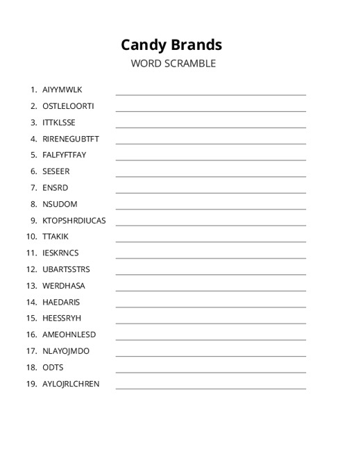 Candy Brands Word Scramble Puzzle