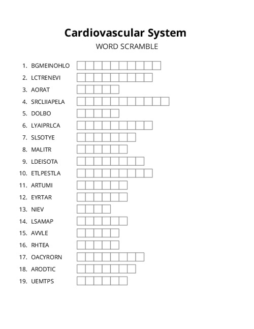 Cardiovascular System Word Scramble Puzzle