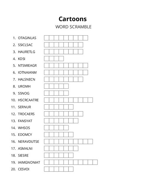 Cartoons Word Scramble Puzzle