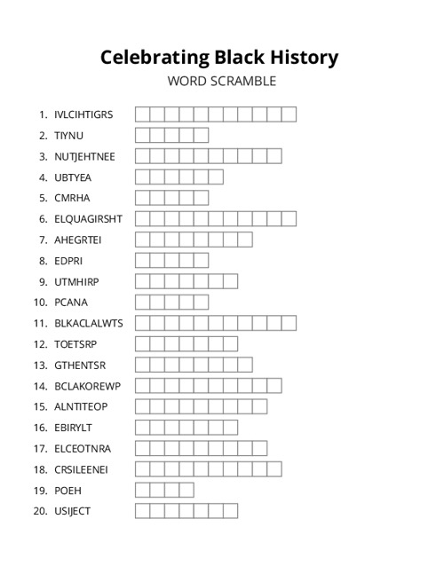 Celebrating Black History Word Scramble Puzzle