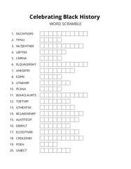 Celebrating Black History word scramble puzzle
