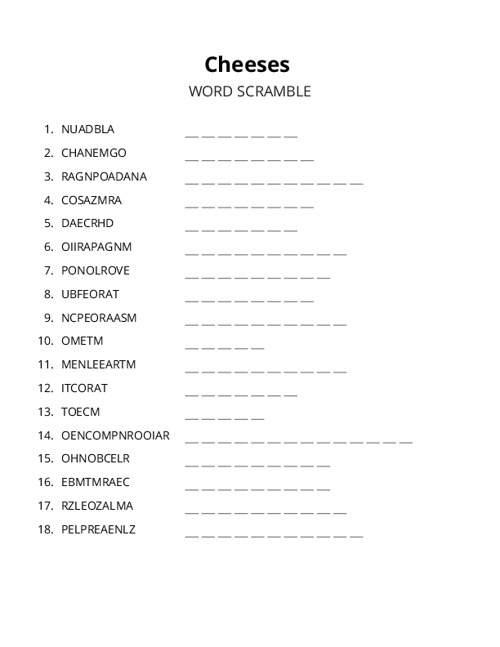 Cheeses Word Scramble Puzzle