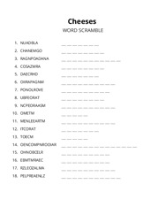 Cheeses word scramble puzzle