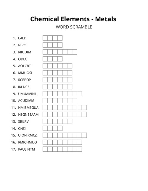 Chemical Elements - Metals Word Scramble Puzzle