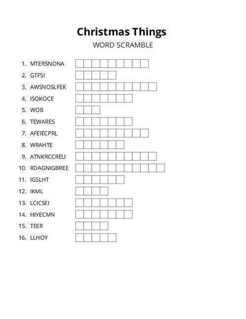 Christmas Things Word Scramble Puzzle