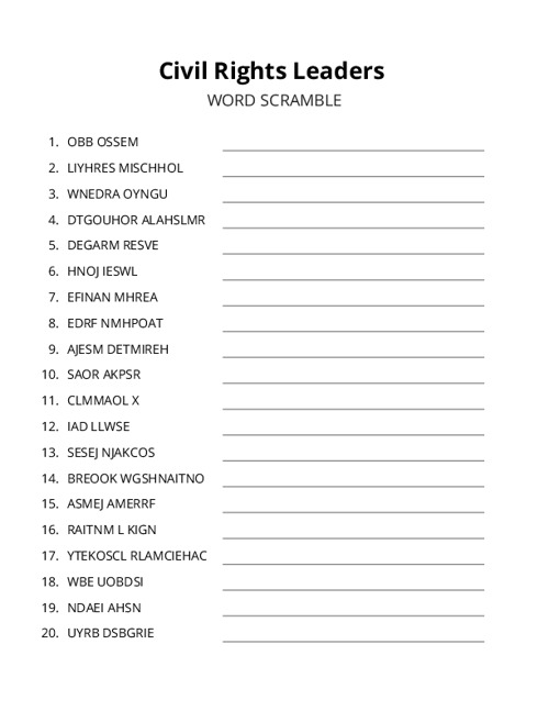 Civil Rights Leaders Word Scramble Puzzle
