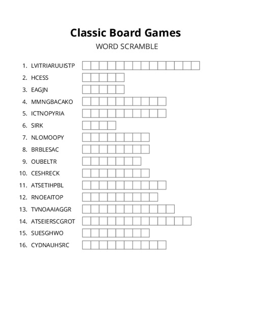 Classic Board Games Word Scramble Puzzle