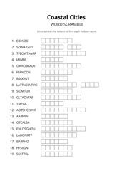 Coastal Cities word scramble puzzle