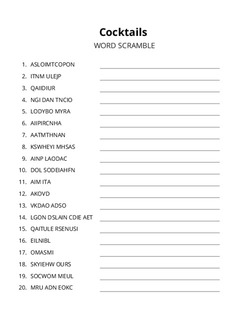 Cocktails Word Scramble Puzzle