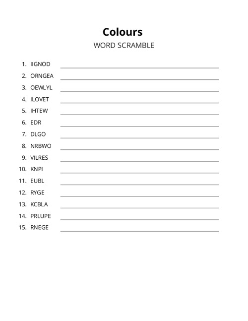 Colours Word Scramble Puzzle
