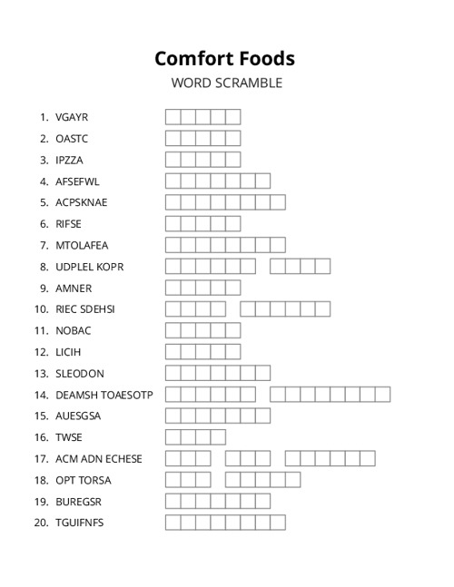 Comfort Foods Word Scramble Puzzle