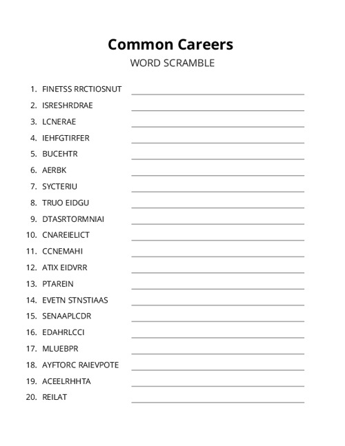 Common Careers Word Scramble Puzzle