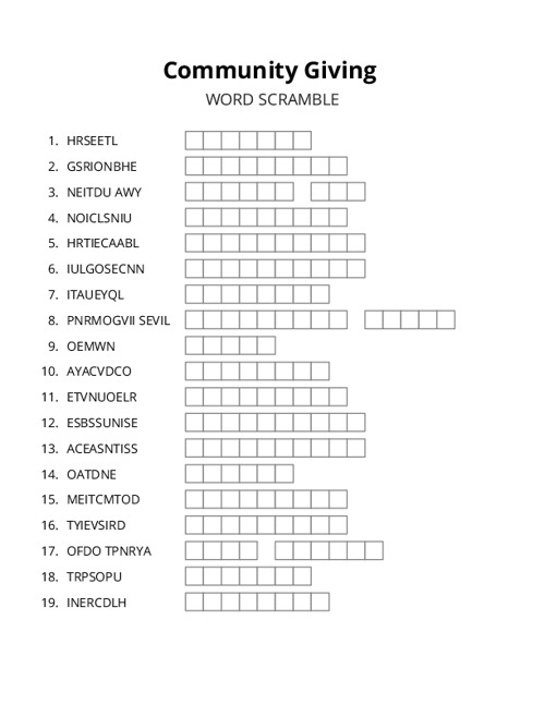 Community Giving Word Scramble Puzzle