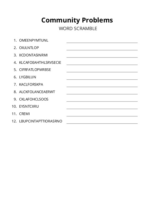 Community Problems Word Scramble Puzzle