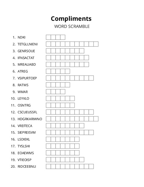 Compliments Word Scramble Puzzle