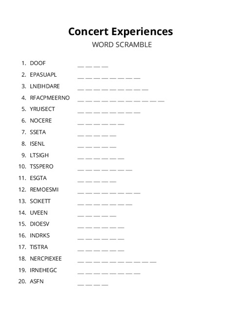Concert Experiences Word Scramble Puzzle