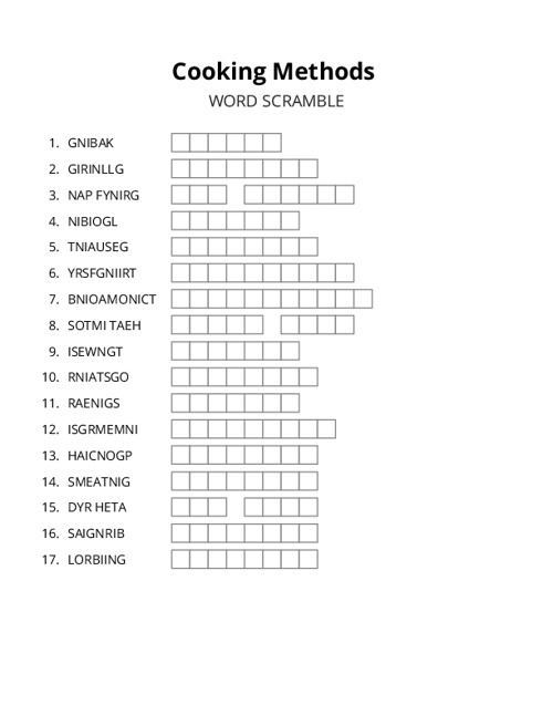 Cooking Methods Word Scramble Puzzle