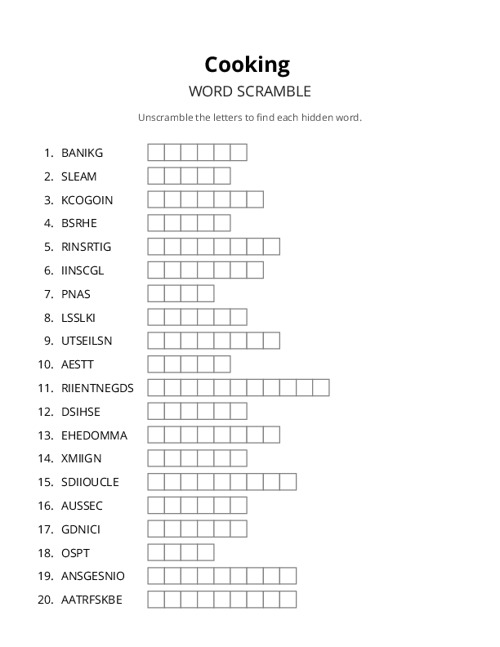 Cooking Word Scramble Puzzle