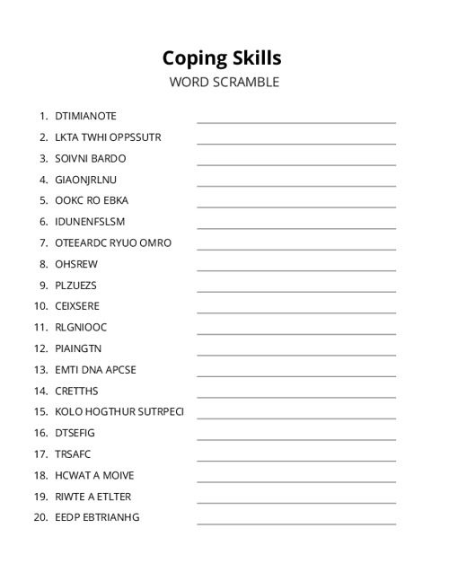 Coping Skills Word Scramble Puzzle