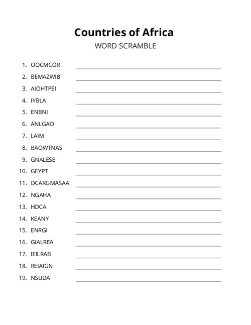 Countries of Africa Word Scramble Puzzle