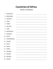 Countries of Africa word scramble puzzle