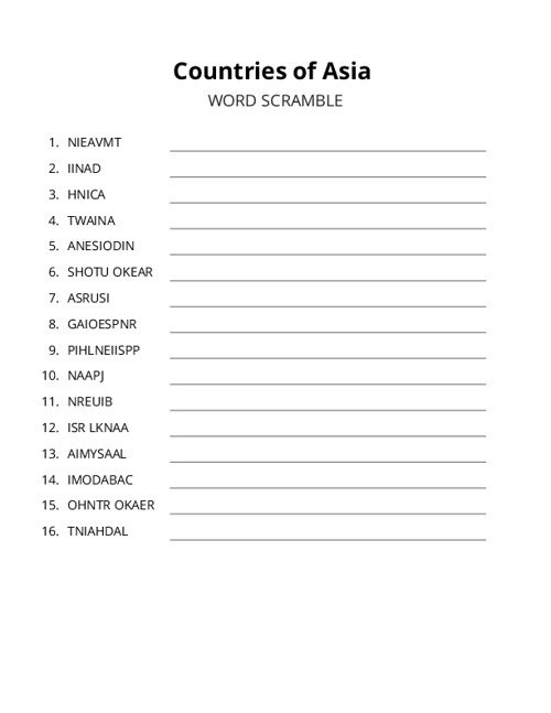 Countries of Asia Word Scramble Puzzle