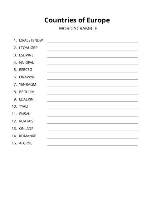 Countries of Europe Word Scramble Puzzle
