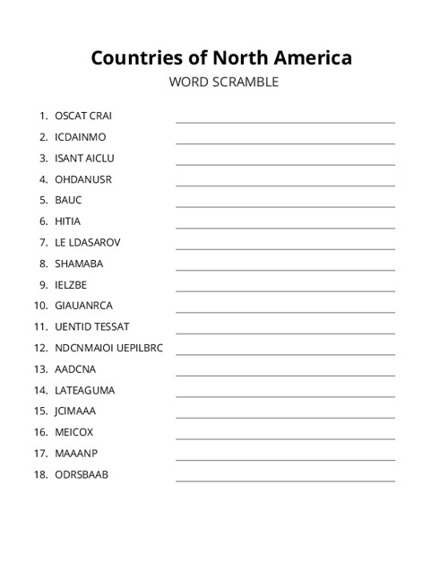 Countries of North America Word Scramble Puzzle
