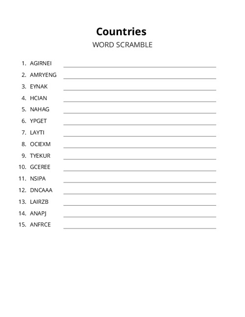 Countries Word Scramble Puzzle