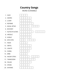 Country Songs word scramble puzzle