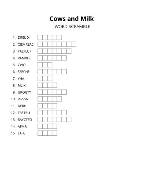 Cows and Milk Word Scramble Puzzle