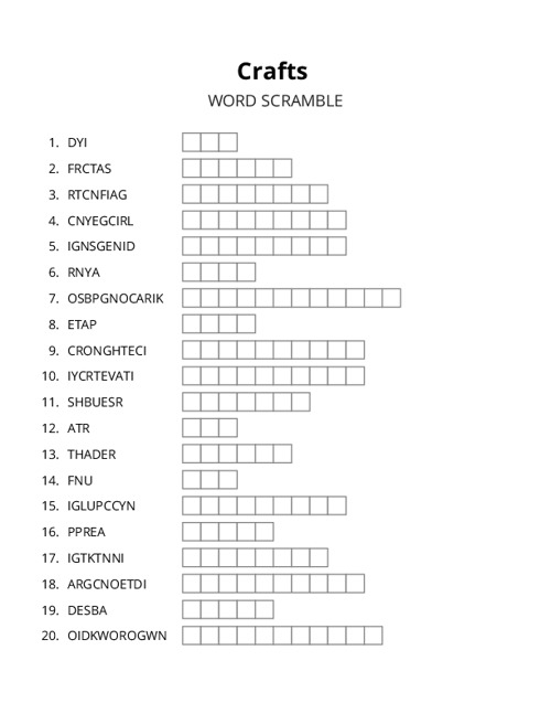 Crafts Word Scramble Puzzle