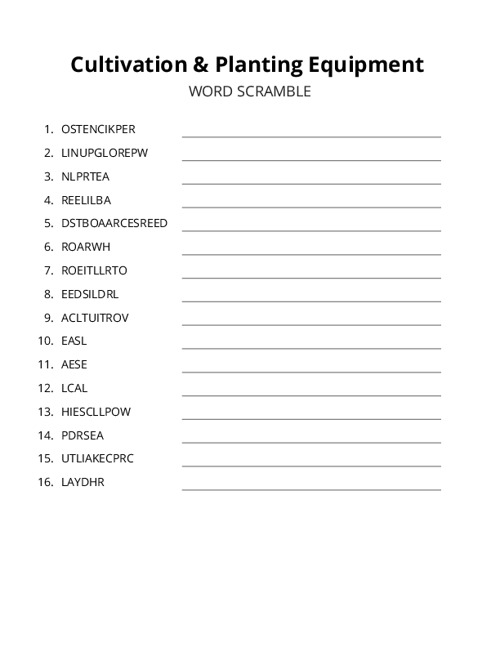 Cultivation & Planting Equipment Word Scramble Puzzle