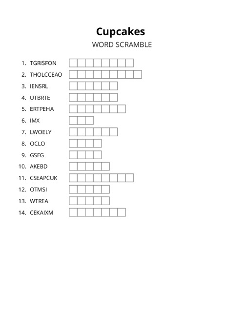Cupcakes Word Scramble Puzzle