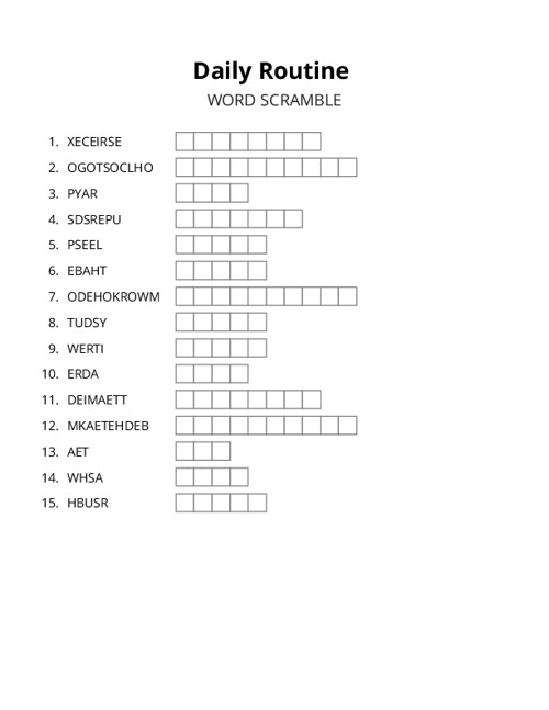 Daily Routine Word Scramble Puzzle