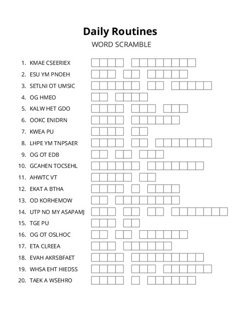Daily Routines Word Scramble Puzzle