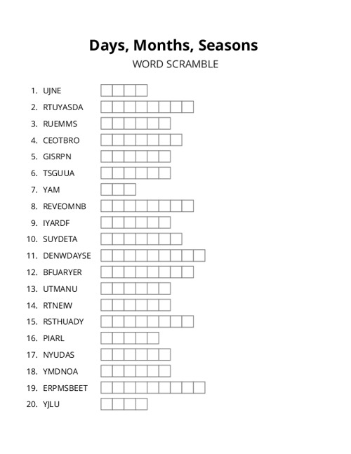 Days, Months, Seasons Word Scramble Puzzle