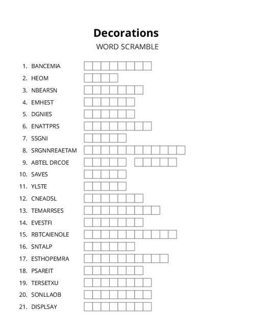 Decorations Word Scramble Puzzle