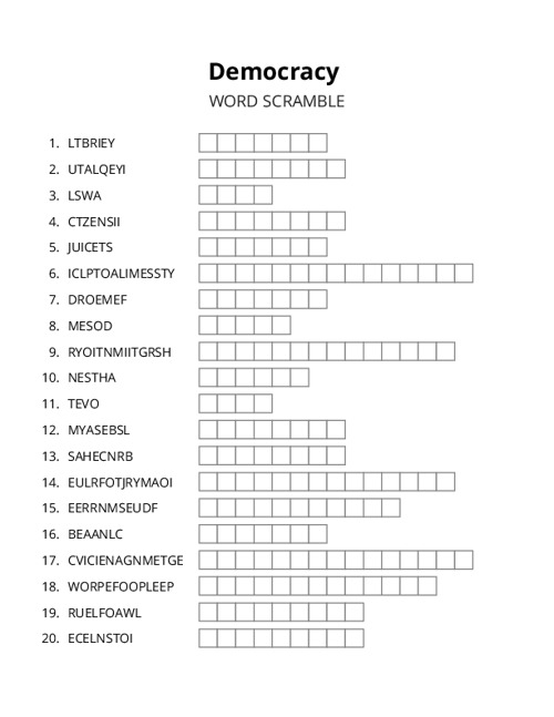 Democracy Word Scramble Puzzle