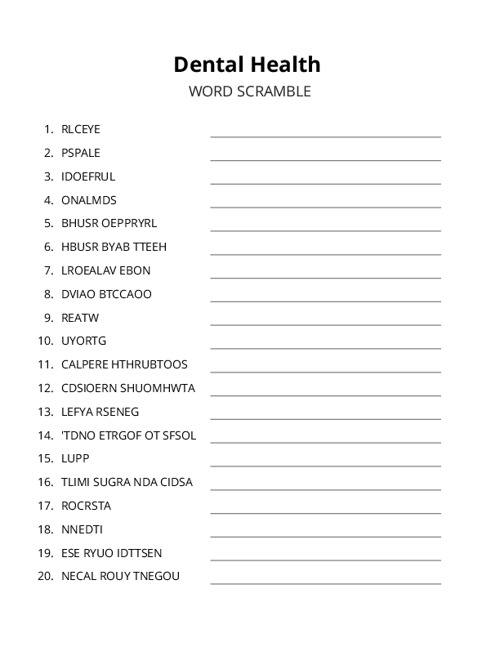 Dental Health Word Scramble Puzzle