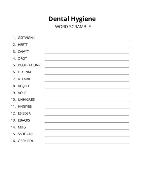 Dental Hygiene Word Scramble Puzzle