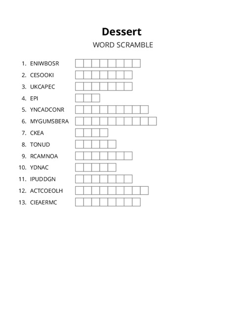 Dessert Word Scramble Puzzle