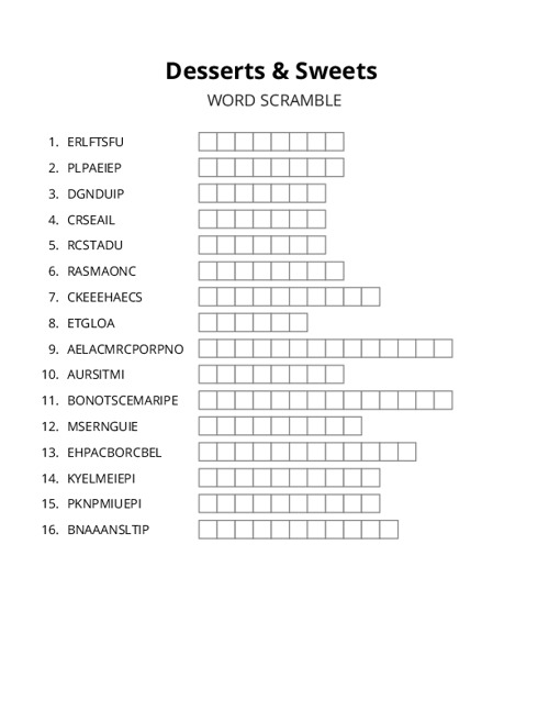 Desserts & Sweets Word Scramble Puzzle